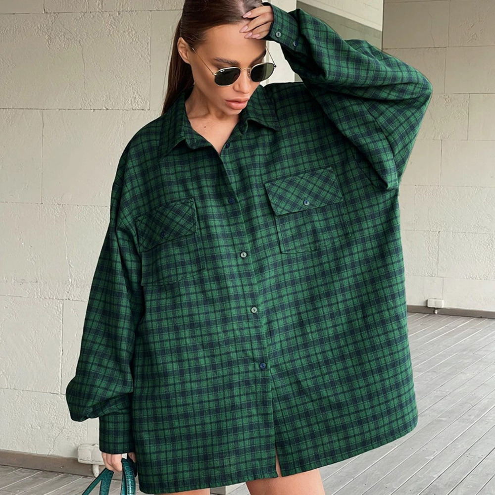 ZARA Autumn Winter American Vintage Green Plaid Oversized Long Sleeve Shirt
